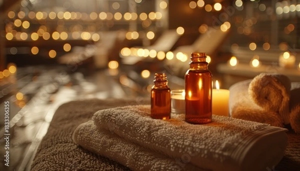Obraz Tranquil spa scene featuring soft towels, candles, and essential oils for ultimate relaxation