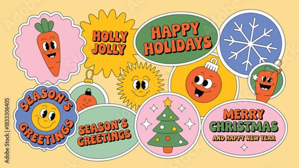 Fototapeta festive holiday sticker set with cute cartoon characters, merry christmas and happy holidays labels, colorful decorative icons and playful graphic design