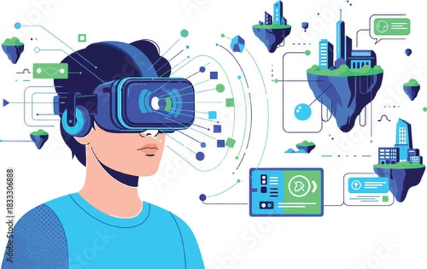 Obraz Person experiencing virtual reality with futuristic floating cities and digital interfaces connecting.