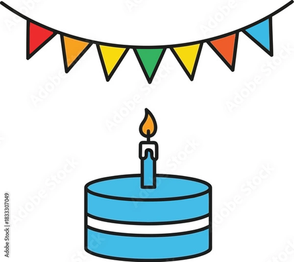 Obraz Festive birthday cake with a single lit candle and colorful bunting flags above.