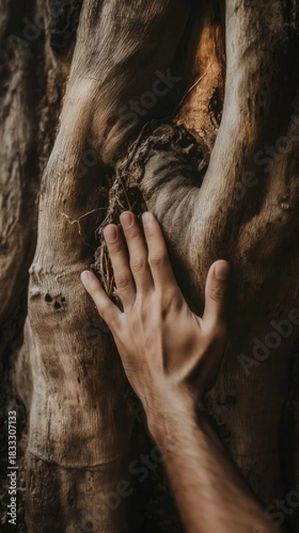 Fototapeta close up of human hand resting on rough tree trunk, exploring detailed bark texture and expressing deep tactile connection with nature
