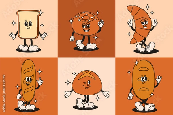 Obraz Mascot baking characters in retro groovy style.
