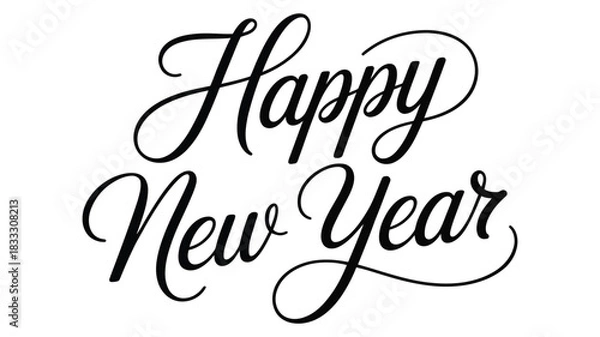 Fototapeta happy new year handwritten calligraphy text design in elegant black script typography on white background for festive celebration and greeting artwork