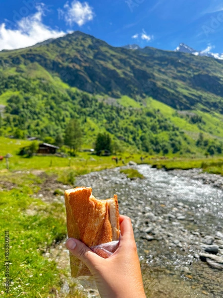 Obraz hand holding a sandwich in a mountain pass on a Summer Day 