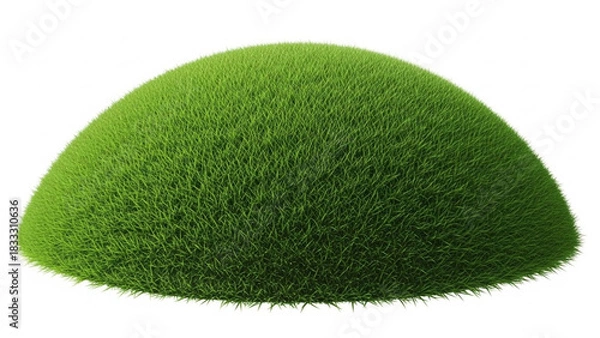 Obraz A perfectly shaped, dense, vibrant green dome of manicured grass, resembling a small hill or mound, isolated on white background for easy composition and design use