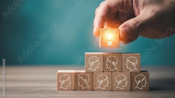 Fototapeta Hand placing final glowing block on stacked wooden cubes building success idea concept