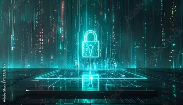 Fototapeta Futuristic digital lock surrounded by glowing data streams in a tech-inspired environment