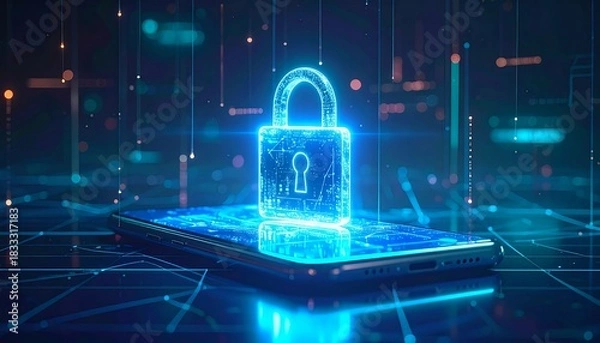 Obraz Digital padlock shines on smartphone screen, symbolizing cybersecurity and data protection in a futuristic setting