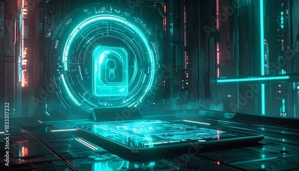 Obraz Futuristic technology display in a digital space with glowing elements and a locked portal