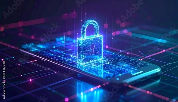 Obraz Digital security lock appears on smartphone screen surrounded by glowing data patterns at nighttime
