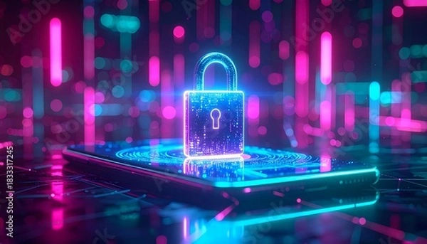 Obraz Digital lock and smartphone glowing in neon lights with a futuristic design showcasing cybersecurity themes