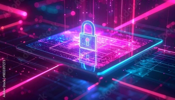 Obraz Digital security symbol glowing on a tablet with vibrant graphic elements in a high-tech digital landscape