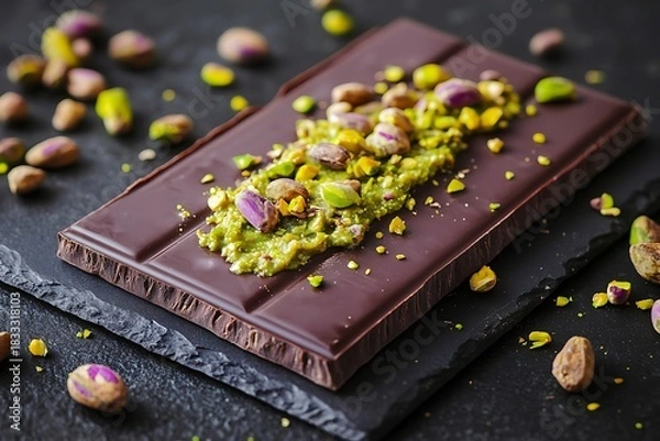 Fototapeta Dark chocolate bar topped with golden-green kadayif and creamy pistachio spread, sprinkled with whole pistachios for dessert artistry.