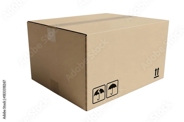 Fototapeta A corrugated cardboard box with fragile handling symbols for package delivery needs
