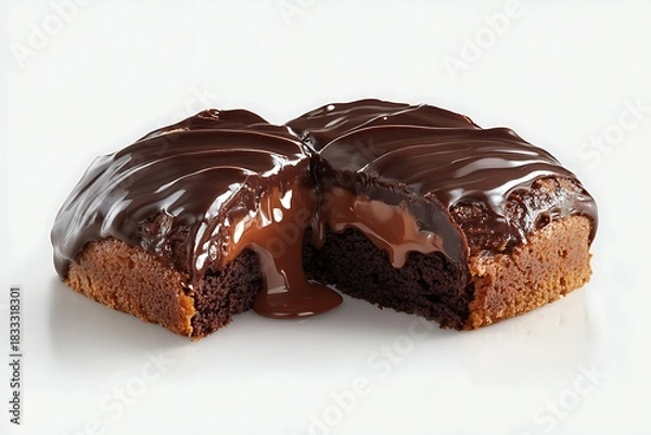 Fototapeta Decadent slice of chocolate lava cake, molten chocolate center oozing out, isolated background, perfect for dessert display advertising.