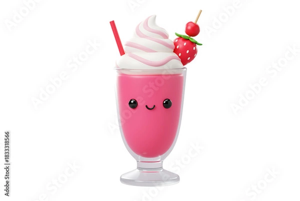 Fototapeta Adorablekawaii strawberrymilkshake character with smiley face isolated on transparent background