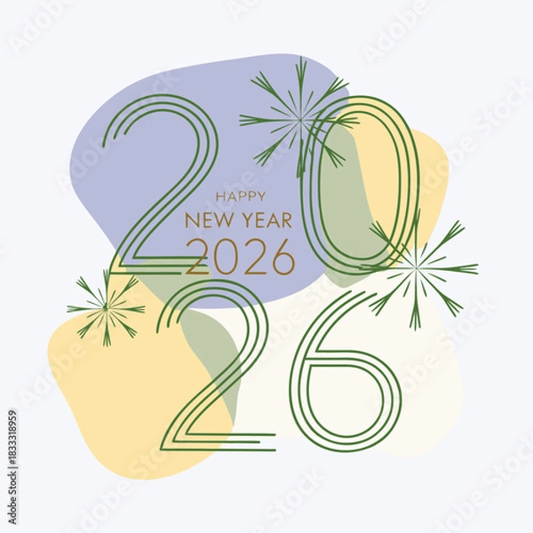 Obraz Happy New Year 2026 Abstract Modern Greeting Card Design with Organic Shapes and Green Line Art Typography.