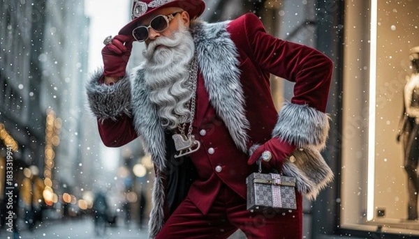 Fototapeta Modern stylish Santa Claus - male model in seasonal, Christmas winter clothing - lifestyle photo