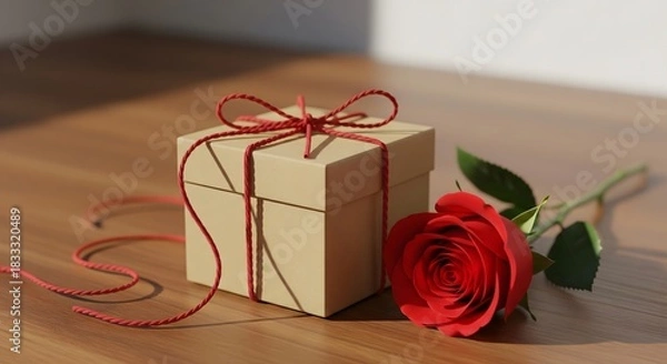 Fototapeta Elegant red rose with gift for romantic celebrations and thoughtful presents, perfect for Valentine's Day or special occasions