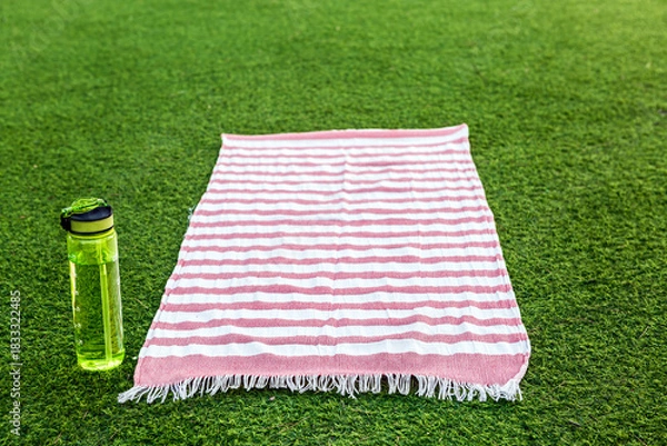 Fototapeta Striped towel on grass with water bottle ready for a summer picnic