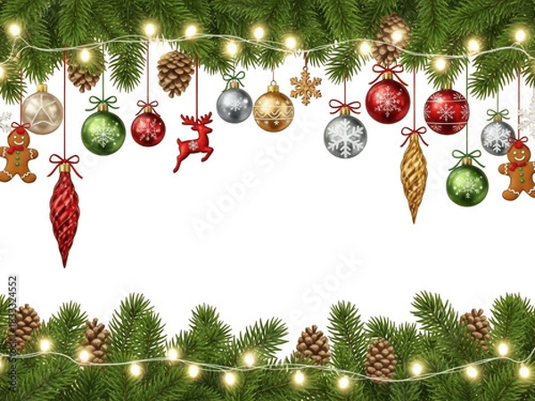 Obraz Festive christmas border decoration with hanging ornament bauble pinecone gingerbread man and string light isolated on transparent background