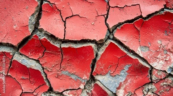 Fototapeta Cracked red wall surface revealing texture and color variations from weathering effects and time, showcasing nature's artistry in urban environments