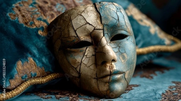 Fototapeta Exquisite antique mask resting on a luxurious fabric with intricate patterns, showcasing unique craftsmanship and timeless beauty
