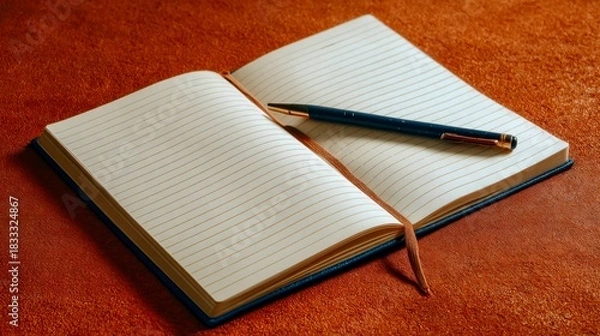 Fototapeta Open notebook with blank pages and a pen ready for writing ideas and notes at a cozy workspace for creativity and inspiration
