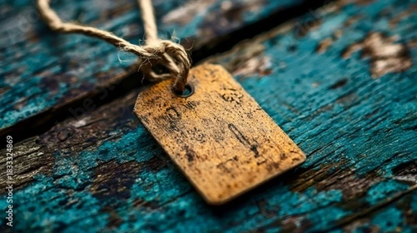 Fototapeta Wooden tag on a rustic blue wooden surface with worn textures and natural detailing enhancing vintage appeal and charm
