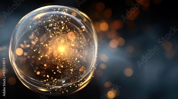 Fototapeta Captivating glow of a transparent bubble filled with shimmering particles against a dark background highlighting its ethereal beauty