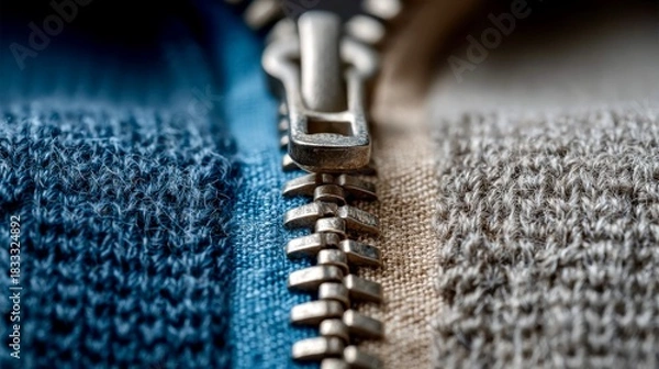 Fototapeta Close-up view of an open zipper on a textile showcasing intricate details of fabric and fastener craftsmanship