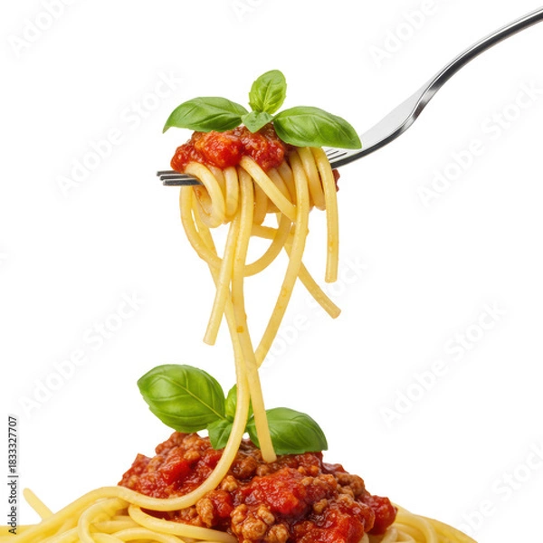 Fototapeta Golden yellow Italian spaghetti with rich red bolognese sauce and fresh green basil, perfectly twirled on a silver fork, against a transparent background, close-up, authentic Italian cuisine concept