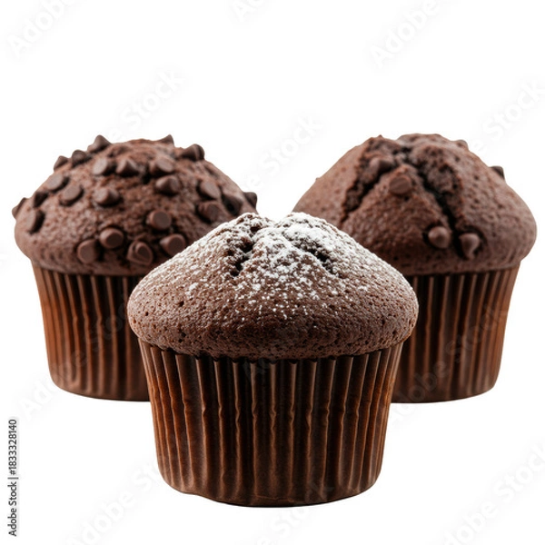 Fototapeta Three freshly baked chocolate muffins, two with glossy dark chips, one with white powdered sugar, in dark fluted liners, on a transparent background with copy space, still life food photography,