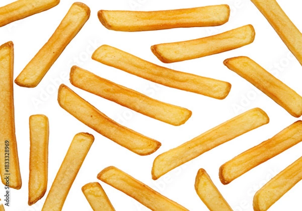 Fototapeta Golden, crispy french fries with potato texture, scattered on a bright transparent background, soft shadows, top-down flat lay. Concept for fast food advertising