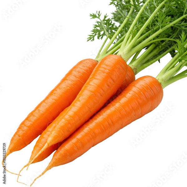 Fototapeta Three fresh, dewy, vibrant orange carrots with crisp green leafy tops, long and tapered, on a transparent background with copy space, healthy eating concept.
