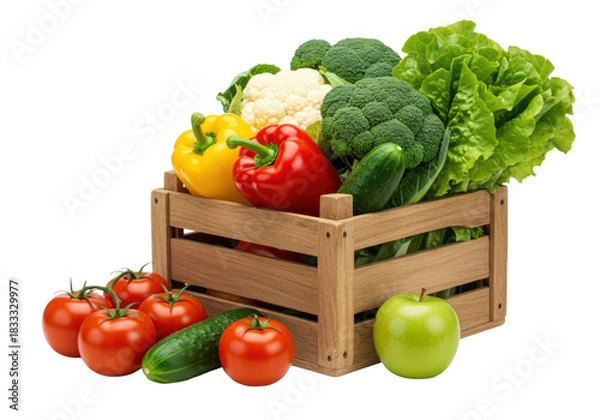 Fototapeta Rustic wooden crate overflowing with fresh tomatoes, bell peppers, cucumber, broccoli, and apple, on a transparent background. Abundant organic harvest concept