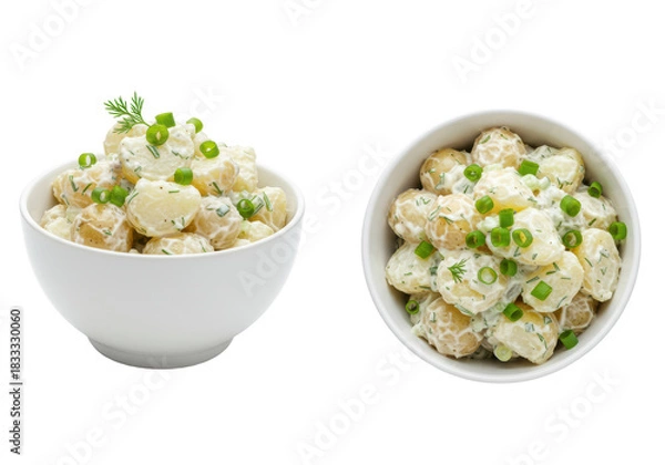 Fototapeta Two white bowls, homemade potato salad with potatoes, creamy dressing, green onions, dill, angled/flat views, isolated on white background, Appetizing comfort food concept.