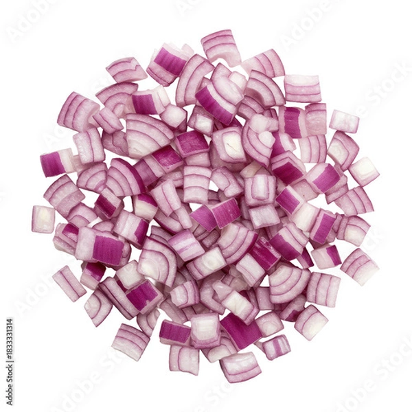 Fototapeta Circular pile of freshly diced red onions, vivid purple and white concentric layers, uniform cubes, moist, glistening, against a transparent background with copy space, professional culinary concept