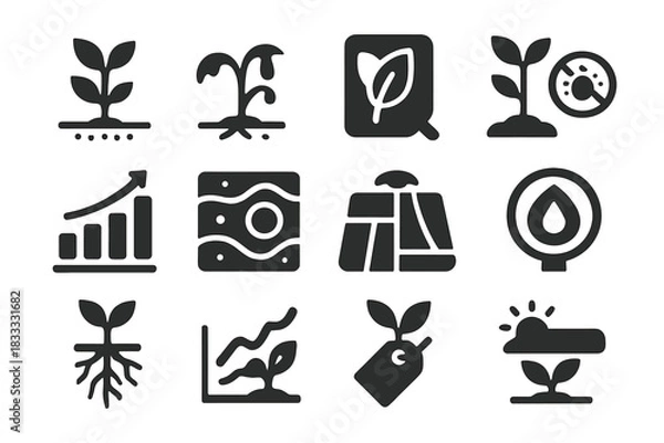Obraz Crop Monitoring Icons. Solid style icons of Crop monitoring: healthy plant, wilting plant, leaf scanner, pest detection, growth