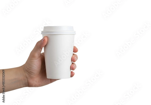Fototapeta Adult fair-skinned hand gently holding unbranded white paper coffee cup with plastic lid, drinking spout, transparent background, copy space. Concept for beverage advertising
