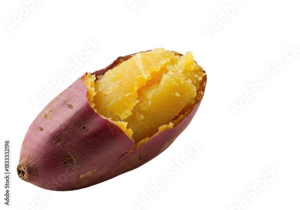Fototapeta A single, perfectly baked japanese sweet potato with deep purple skin and steaming, fluffy, moist yellow-orange flesh, on a transparent background with copy space, wholesome comfort food concept