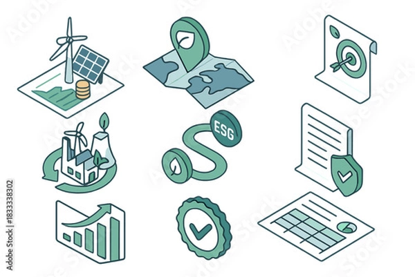 Obraz Ethical Investing Symbols. Isometric vector illustration set of Ethical investing: climate-friendly savings chart, low-carbon
