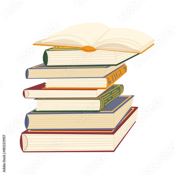 Fototapeta Stack of books with visible spines. An open book lies on top of a pile. Vector hand drawn illustration for stationery, stickers, reading designs and book-themed decor