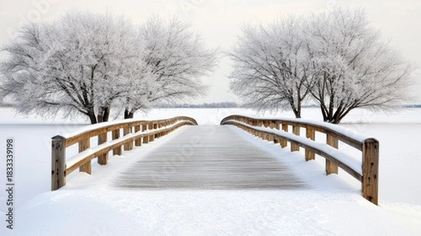Obraz A beautiful wooden pier covered in snow leads across a frozen lake, surrounded by rime-covered trees, offering tranquility in winter