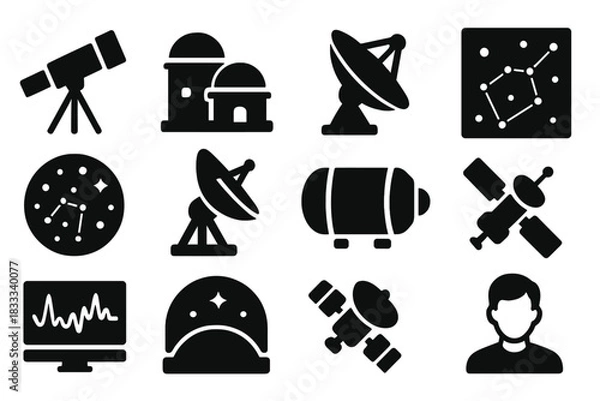 Obraz Astronomy Icons. Solid style icons of observational astronomy: telescope silhouette, space observatory, satellite dish, sky survey