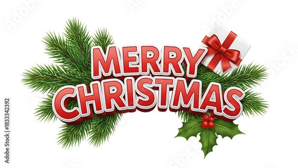 Fototapeta Transparent background merry christmas text with pine branch, gift, and holly isolated on transparent background