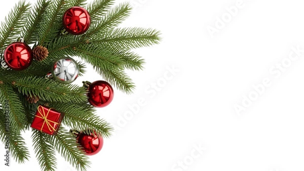 Fototapeta Transparent background christmas fir branch with red and silver ornament and gift box isolated on transparent background