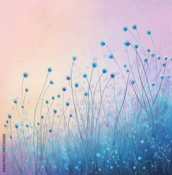 Obraz Abstract illustration of blue wildflowers with pastel background in light pink and sky blue colors, artistic floral design concept.