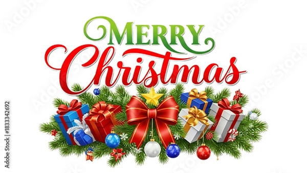 Fototapeta Transparent background merry christmas text with festive gift box decoration isolated on transparent background