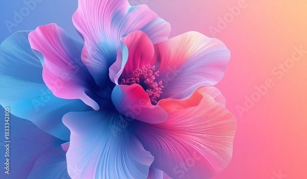 Fototapeta Colorful gradient background with elegant flower in center featuring pink and blue color scheme, close up of petal texture with three dimensional effect.